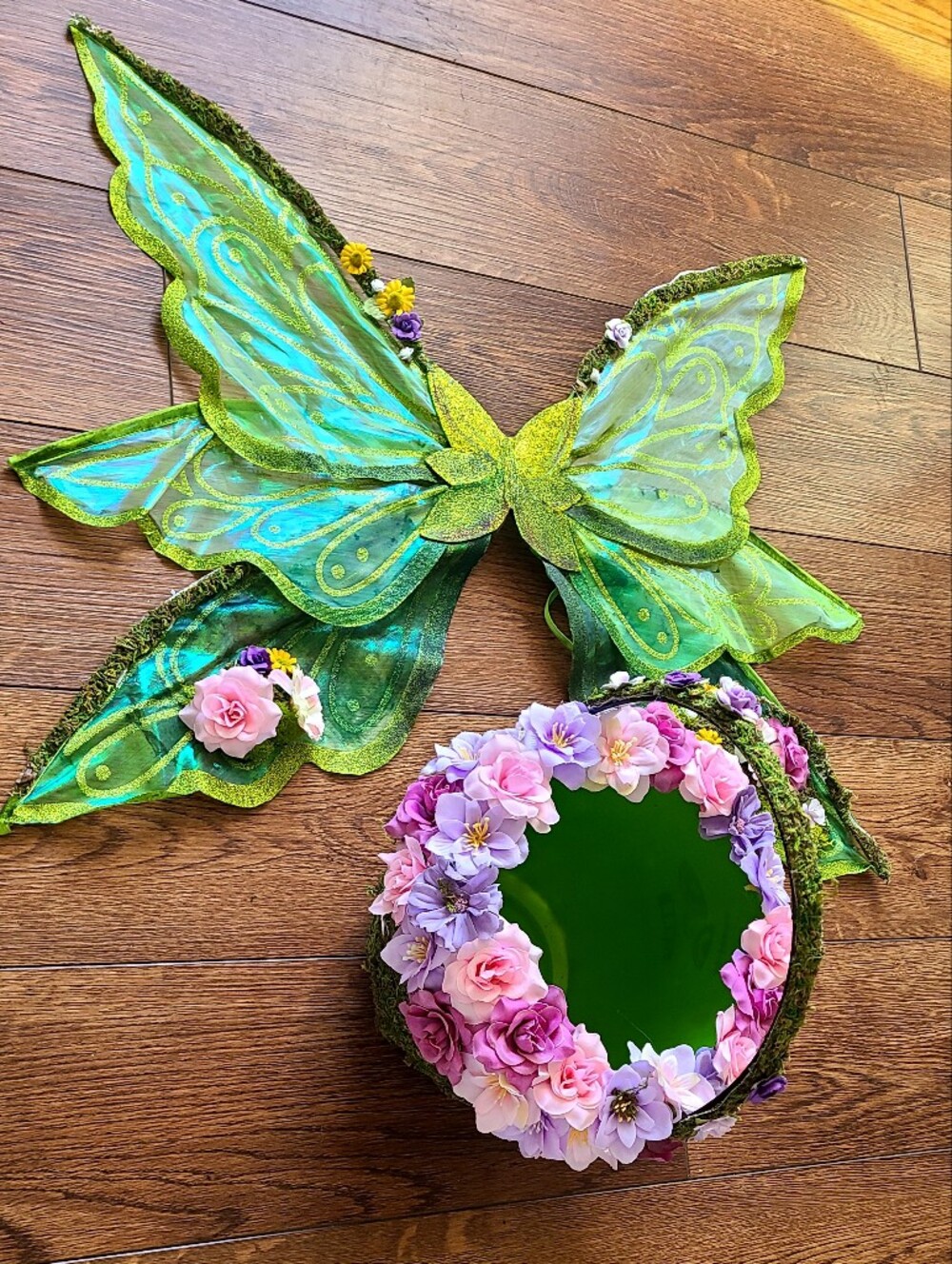 Handmade Fairy Wings & Floral Basket Costume Set โ Green Pink Purple